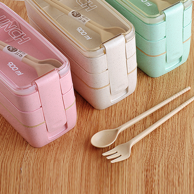 Hộp Cơm 3 Tầng Lúa Mạch Lunch Box + Tặng Kèm Muỗng, Nĩa